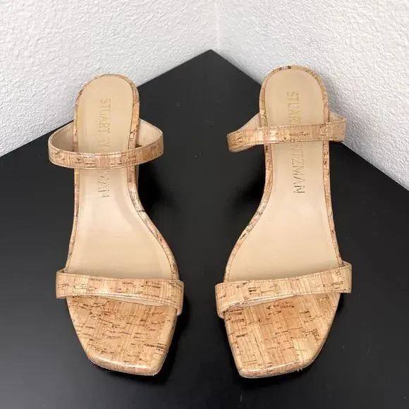 Stuart Weitzman Cork Wedge Sandals 9.5 Women’s Slip-On Strappy Nude Summer Heel - Picture 2 of 10